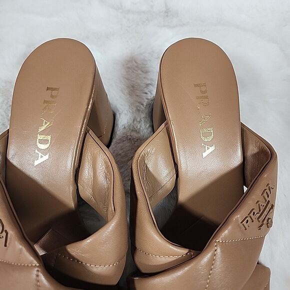 Prada - Cross Strap Leather Backless Sandal Slide Heel Pump Brown Size 7.5 - Picture 6 of 12